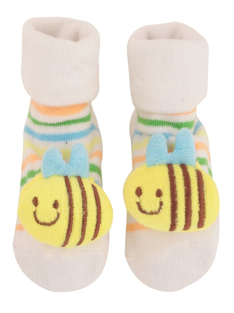 Upper View of Baby Socks with Cute Bee Design and Colorful Stripes