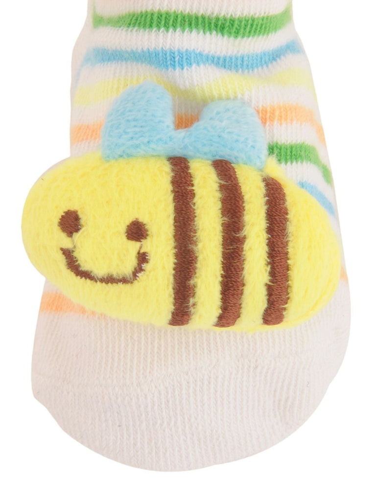 Closeup of Baby Socks with Cute Bee Design and Colorful Stripes