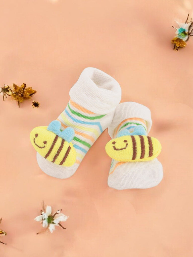 Creative View of Baby Socks with Cute Bee Design and Colorful Stripes