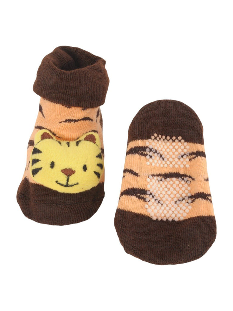 Front and back view of Baby Socks with Cute Tiger Face and Striped Design showing anti-skid grip and comfortable cuff.