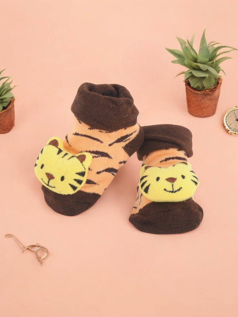 Creative view of Baby Socks with Cute Tiger Face and Striped Design highlighting soft, stretchable fabric.