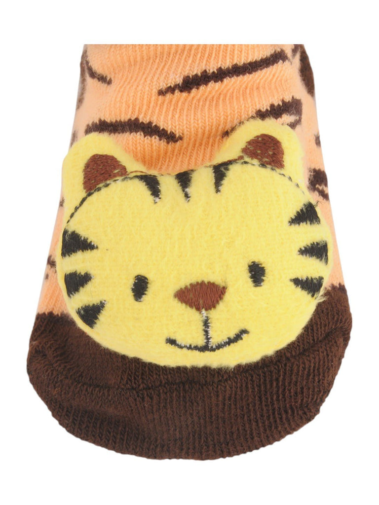 Closeup view of Baby Socks with Cute Tiger Face and Striped Design featuring soft, plush tiger face embroidery.