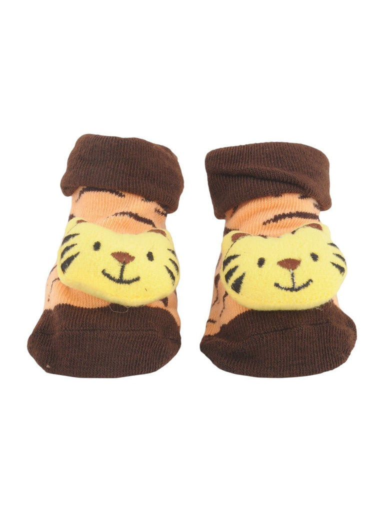 Baby Socks with Cute Tiger Face and Striped Design showing the playful tiger face and striped pattern.