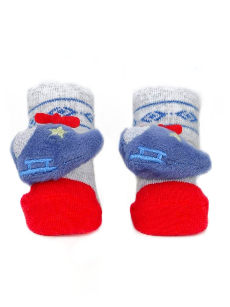 Front View of Baby Socks with Helicopter Plush Design