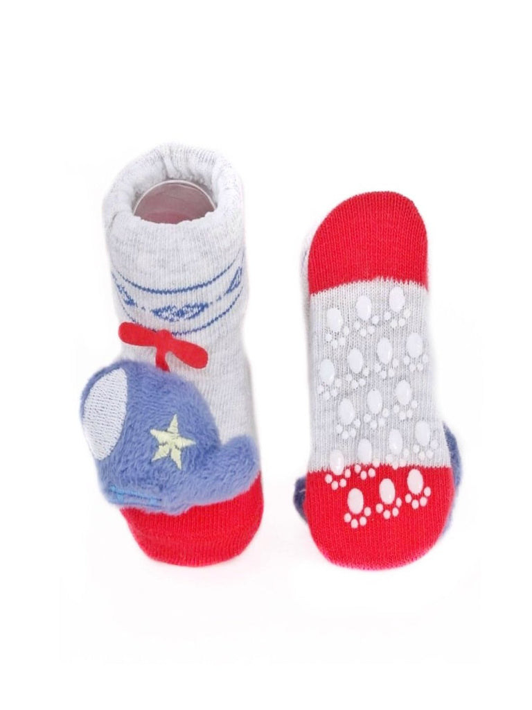 Front and Back View of Baby Socks with Helicopter Plush Design