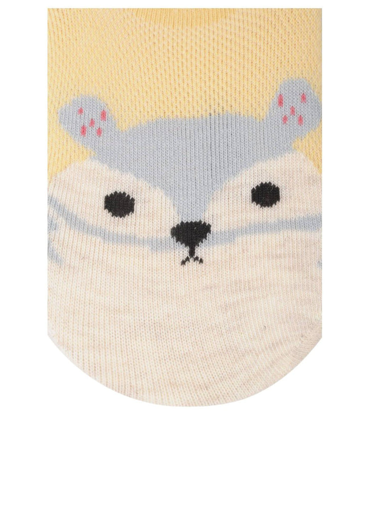 Zoom view of Baby Squirrel Face No-Show Socks highlighting detailed squirrel face design.