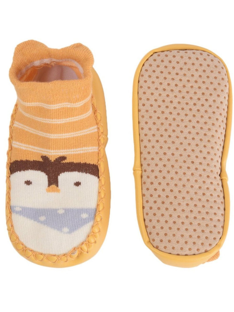 A pair of yellow sock shoes with a cute penguin design and soft, non-slip sole.