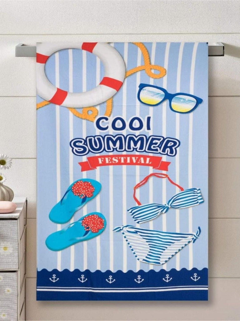 Yellow Bee nautical-themed summer towel with blue and white stripes, lifebuoy, and flip-flops design