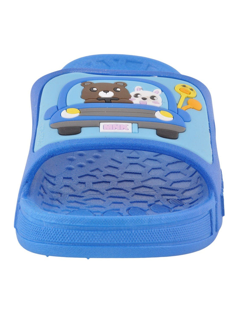 zoom view of Bear and Bunny Car Ride Slides for Girls in blue with a playful car design.