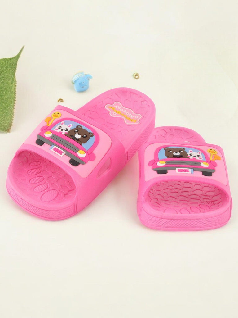 Creative view of Bear and Bunny Car Ride Slides for Girls in fuchsia featuring a bear and bunny car theme.