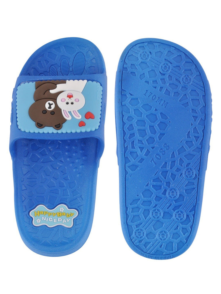 Bear and Bunny Hug Slides for Boys - Blue, front and back view with a playful setting highlighting the vibrant color and fun design.