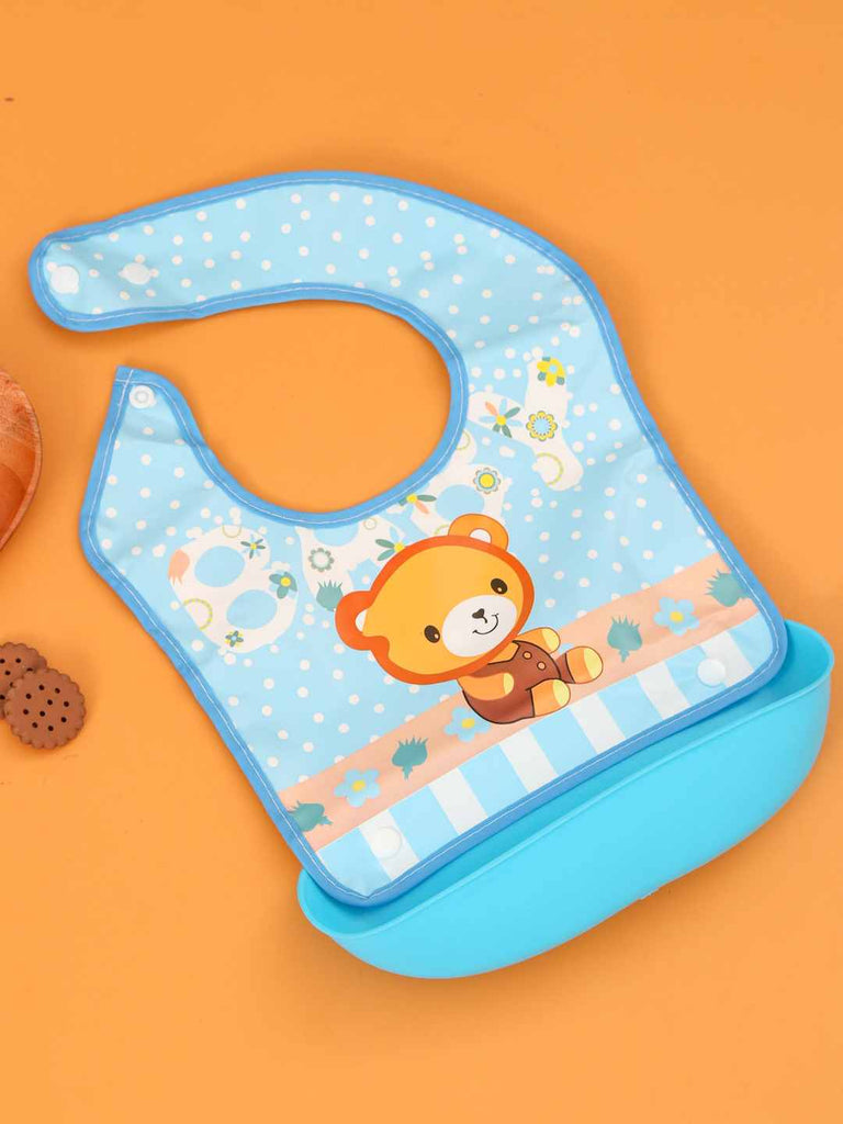 Bear Buddy Baby Bib – Cartoon Teddy Design on Blue Waterproof Bib with Food Catcher - Creative View(i)