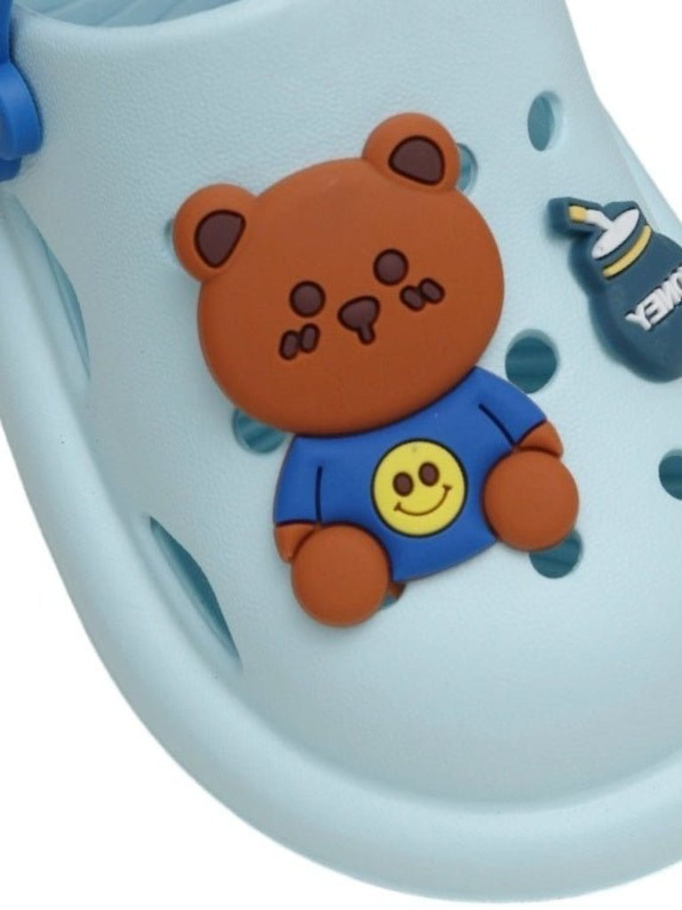 Close-up view of Yellow Bee Bear Clogs for Boys, Blue , highlighting the detailed bear character and cheerful design.