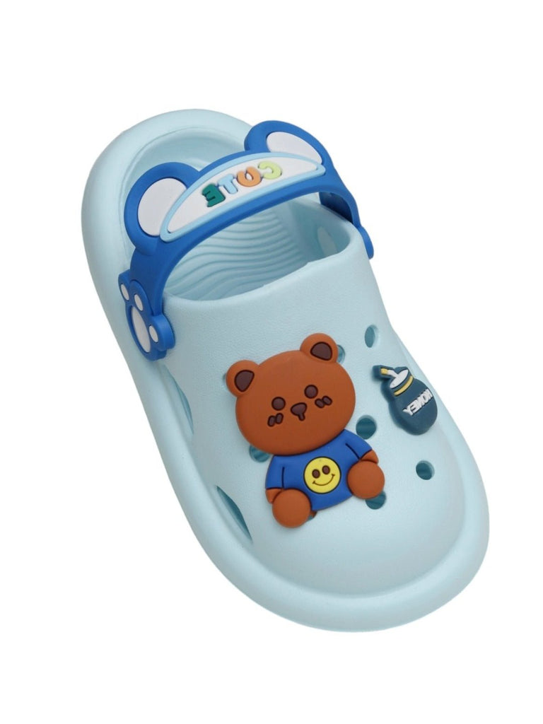 Yellow Bee Bear Clogs for Boys, Blue at an angle view