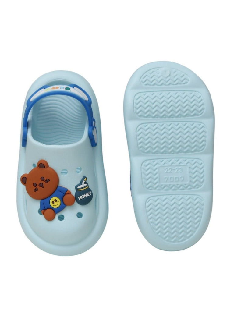 Top and bottom view of the Yellow Bee Bear Clogs for Boys, Blue , revealing the tread patterns for safety.