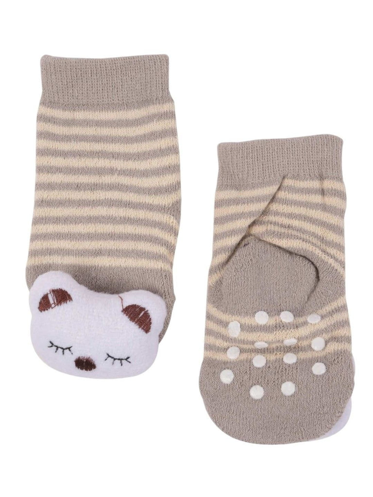 Front and back view of Baby Bear Face Striped Ankle Socks with anti-slip grip and bear face detail.