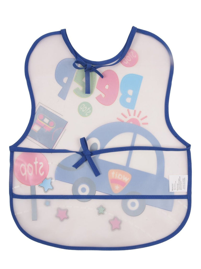 Back view of Yellow Bee Beep Beep Blue Police Car Waterproof Bibs for Boys