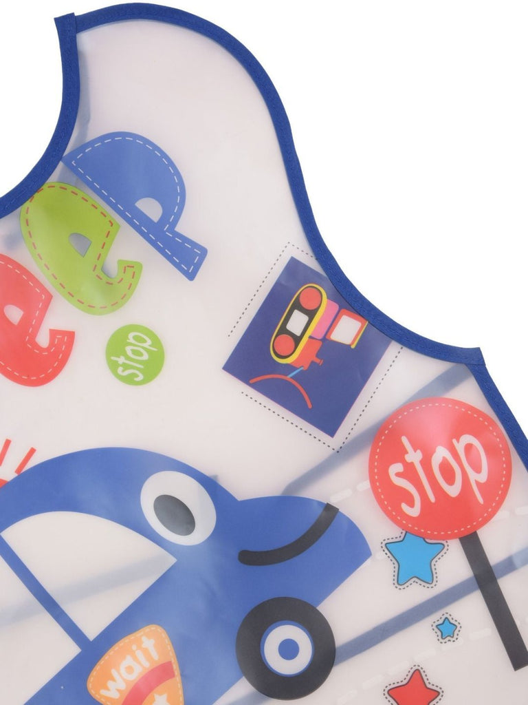 Showing design of Yellow Bee Beep Beep Blue Police Car Waterproof Bibs for Boys