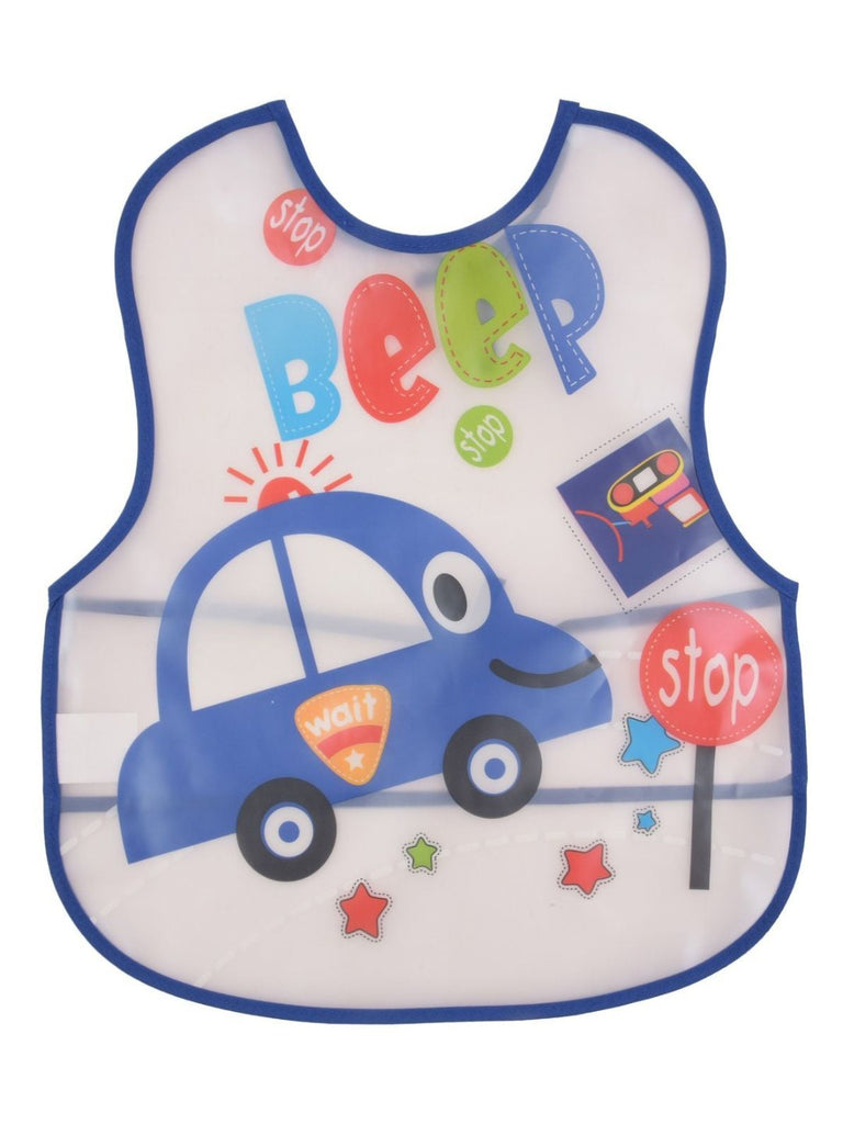 Front view of Yellow Bee Beep Beep Blue Police Car Waterproof Bibs for Boys