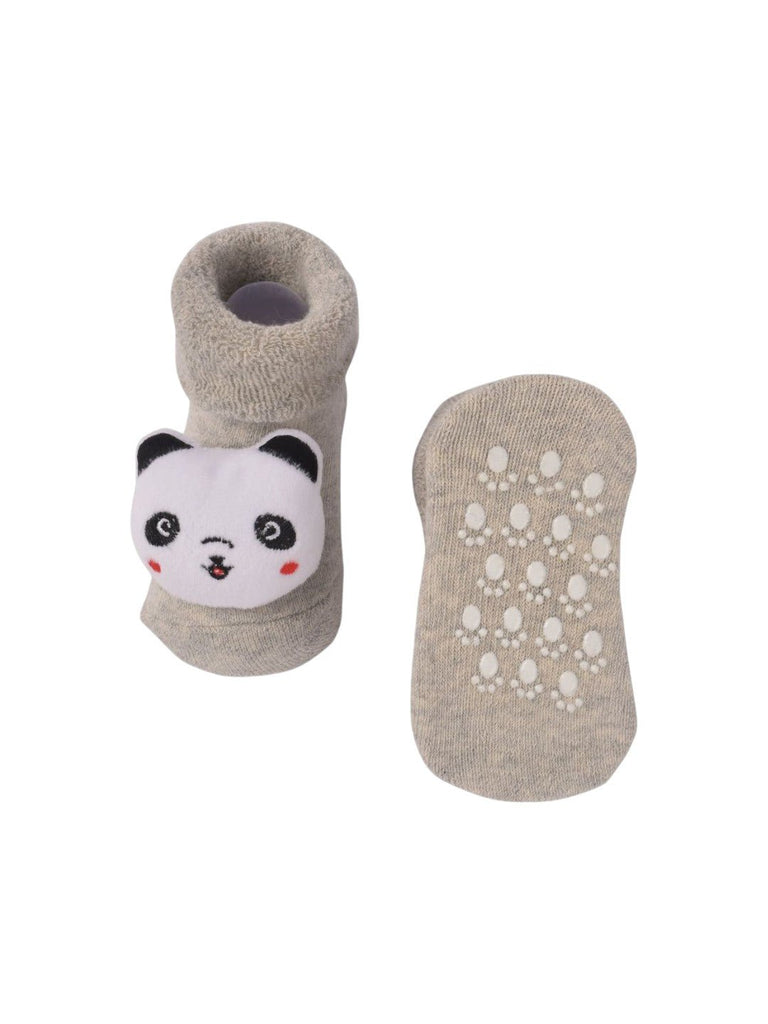 Front and back view of beige baby booties with 3D panda face design.