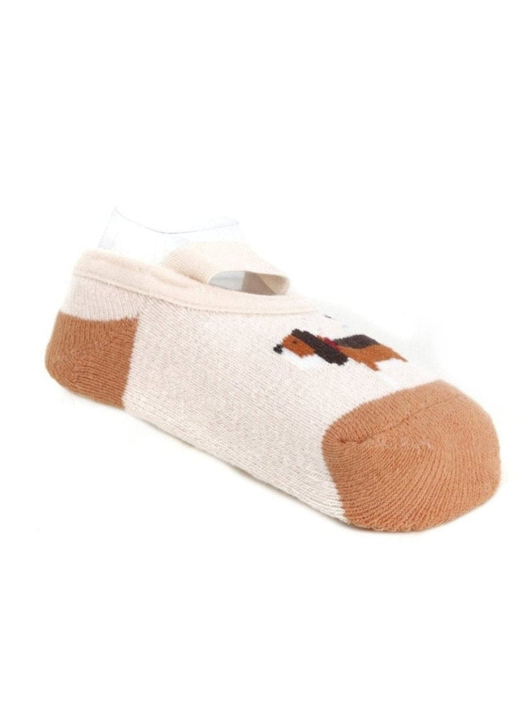 Close-up view of Beige Baby Socks with 3D Puppy Design and brown soles by Yellow Bee, showcasing the fun puppy graphic.