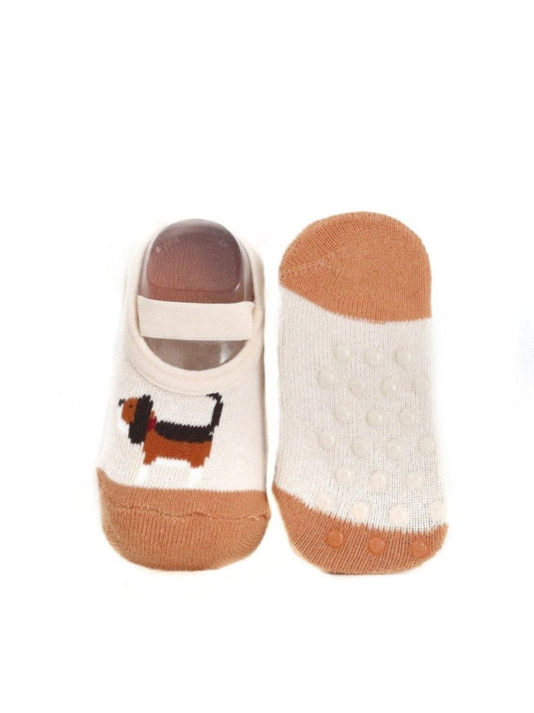 Front and back view of Beige Baby Socks with 3D Puppy Design, highlighting the anti-slip soles and cute puppy graphic.