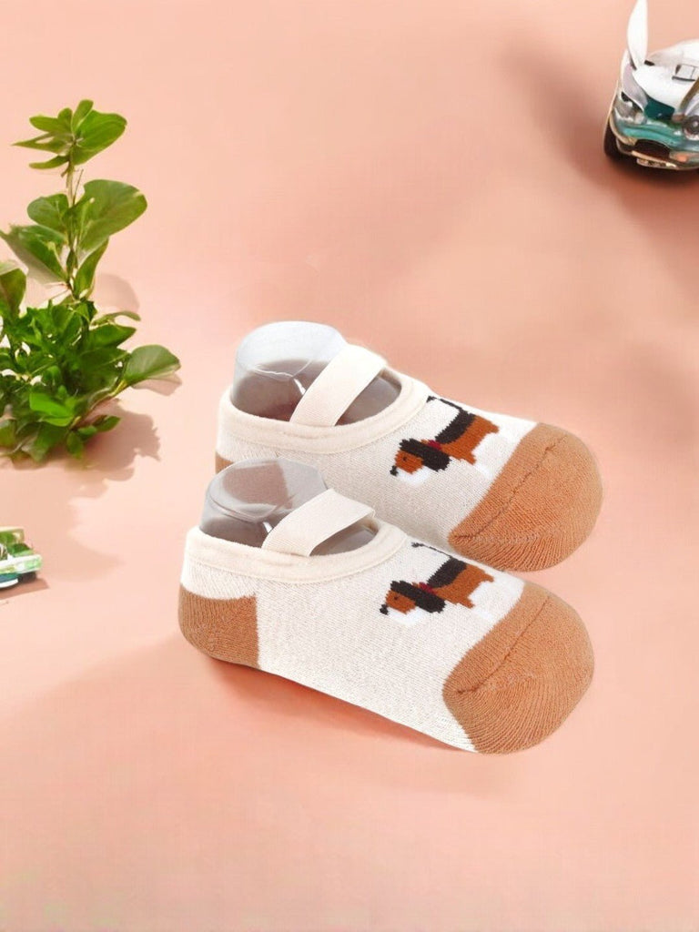 Creative view of Beige Baby Socks with 3D Puppy Design, showing the soft fabric and adorable design.