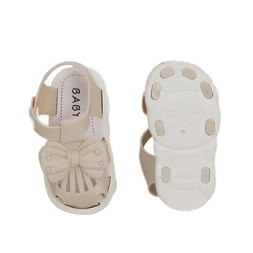 Top and bottom view of Yellow Bee Beige Bow Sandals for Girls.