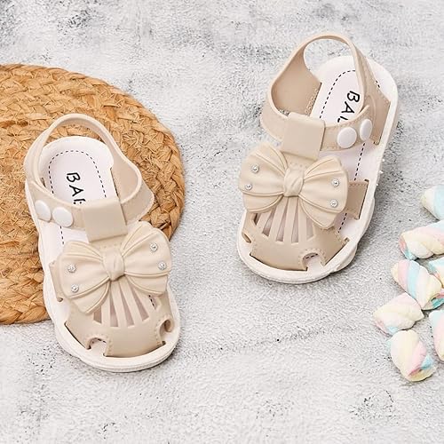 Front view of Yellow Bee Beige Bow Sandals for Girls.