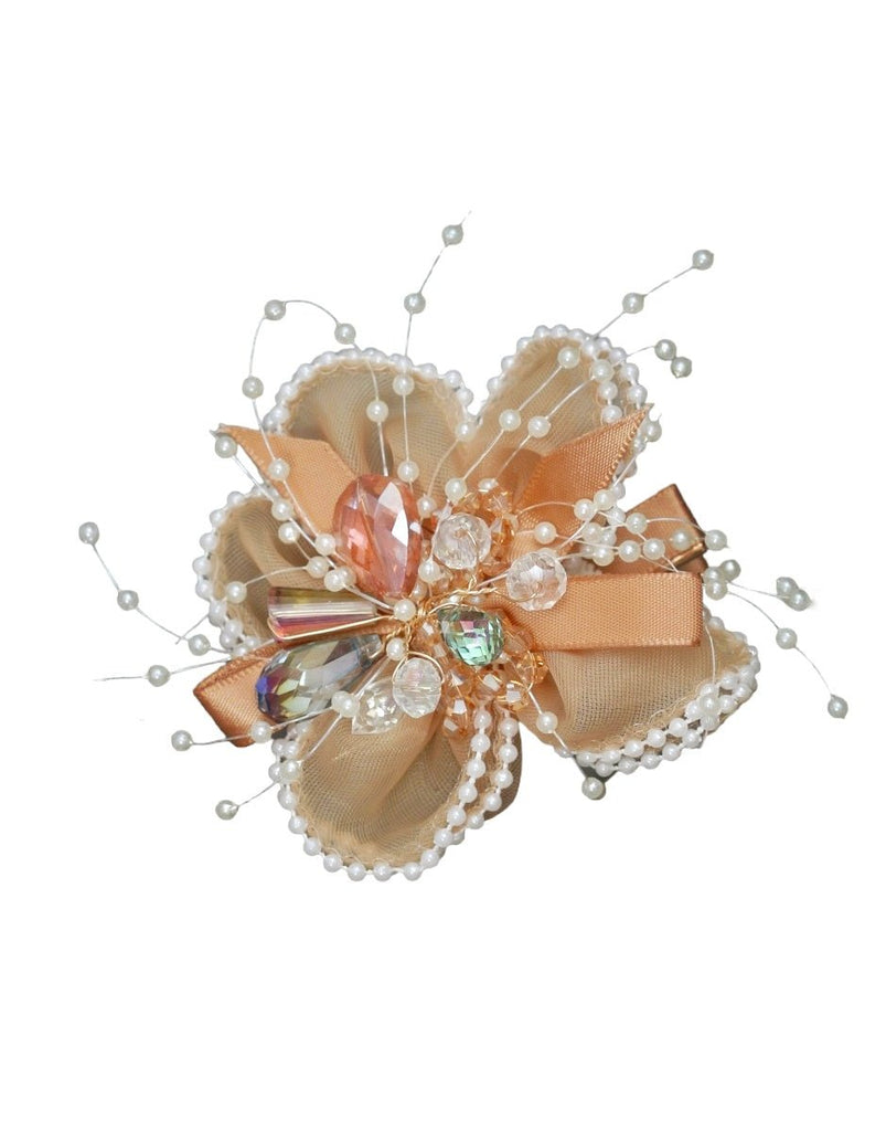 Yellow Bee's beige daisy hair clip embellished with faux pearls and rhinestones for an elegant hairstyle.