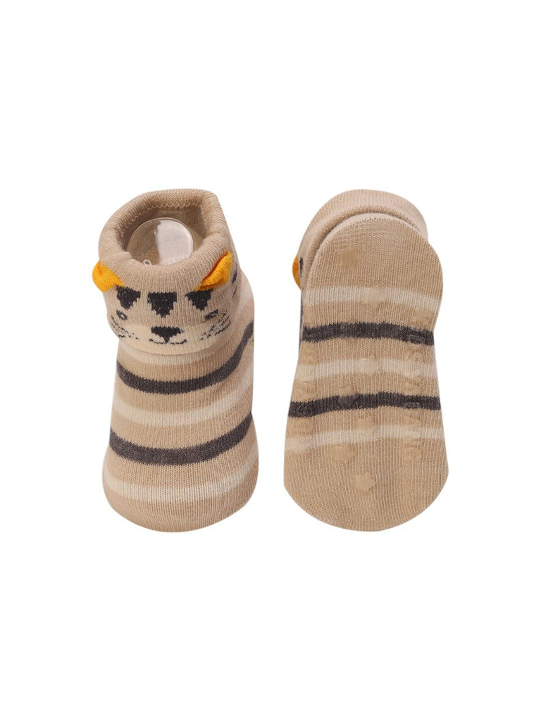 Beige Striped Baby Booties with 3D Tiger Face - Front and Back View