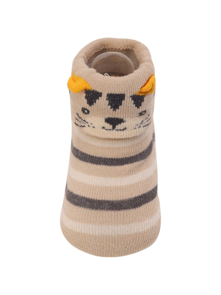 Beige Striped Baby Booties with 3D Tiger Face - Closeup View