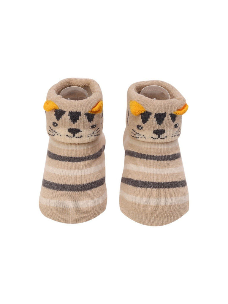 Beige Striped Baby Booties with 3D Tiger Face - Top View