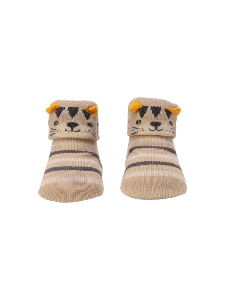 Beige Striped Baby Booties with 3D Tiger Face - Front View