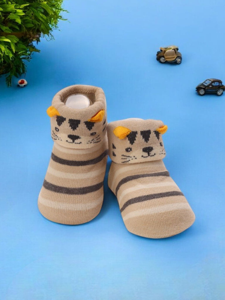 Beige Striped Baby Booties with 3D Tiger Face - Creative View