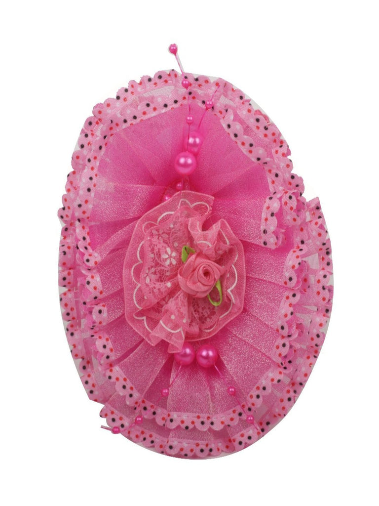 Close-up view of the floral design on the Big Ruffle Flower Headband with Pearl Detailing in Fuchsia.
