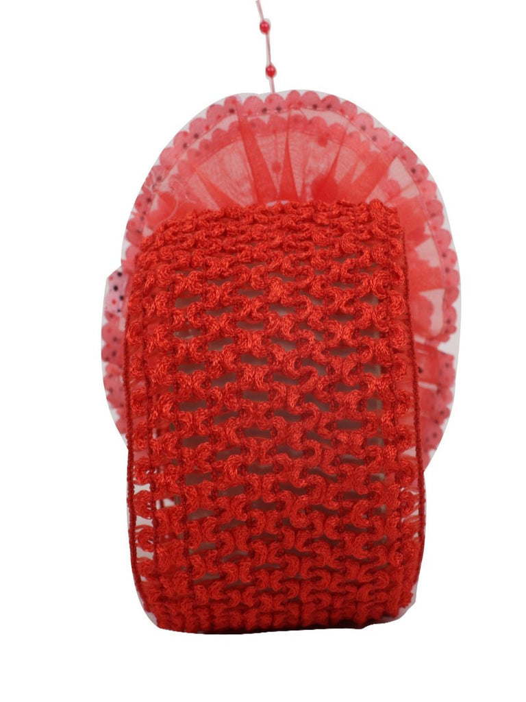 Back view of the Big Ruffle Flower Infant Headband with Pearl Detailing in Red