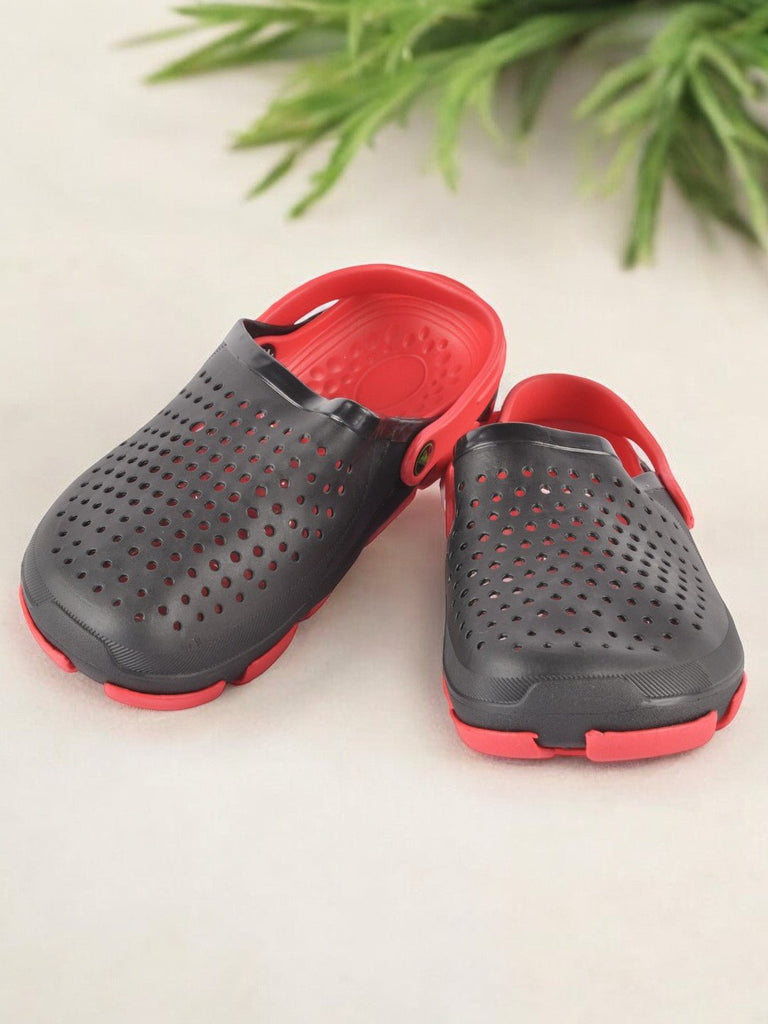 Black and Red Slip-On Ventilated Clogs For Boys creative view