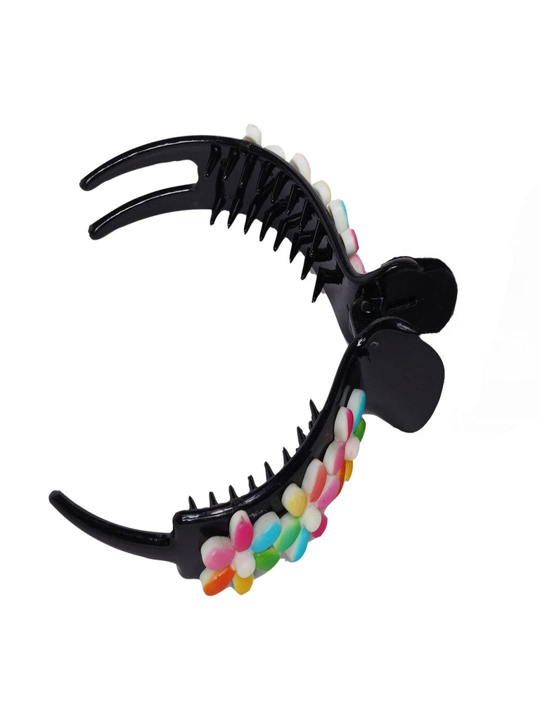 Open-up view of the Black Floral Hair Claw Clip by Yellow Bee, showcasing the inside structure.