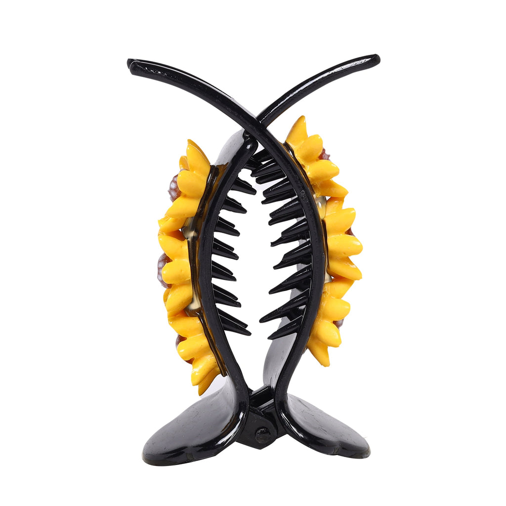 Zoom view of Black Hair Claw Clip with Bright Sunflower Embellishments.