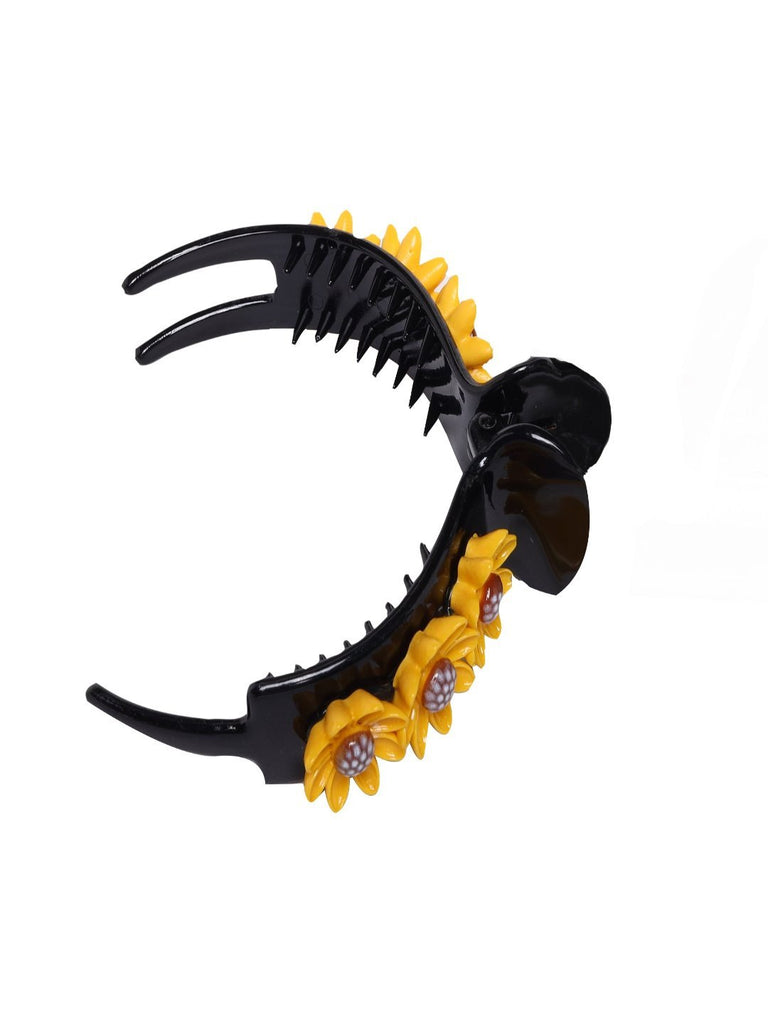 Open-up view of Black Hair Claw Clip with Bright Sunflower Embellishments.