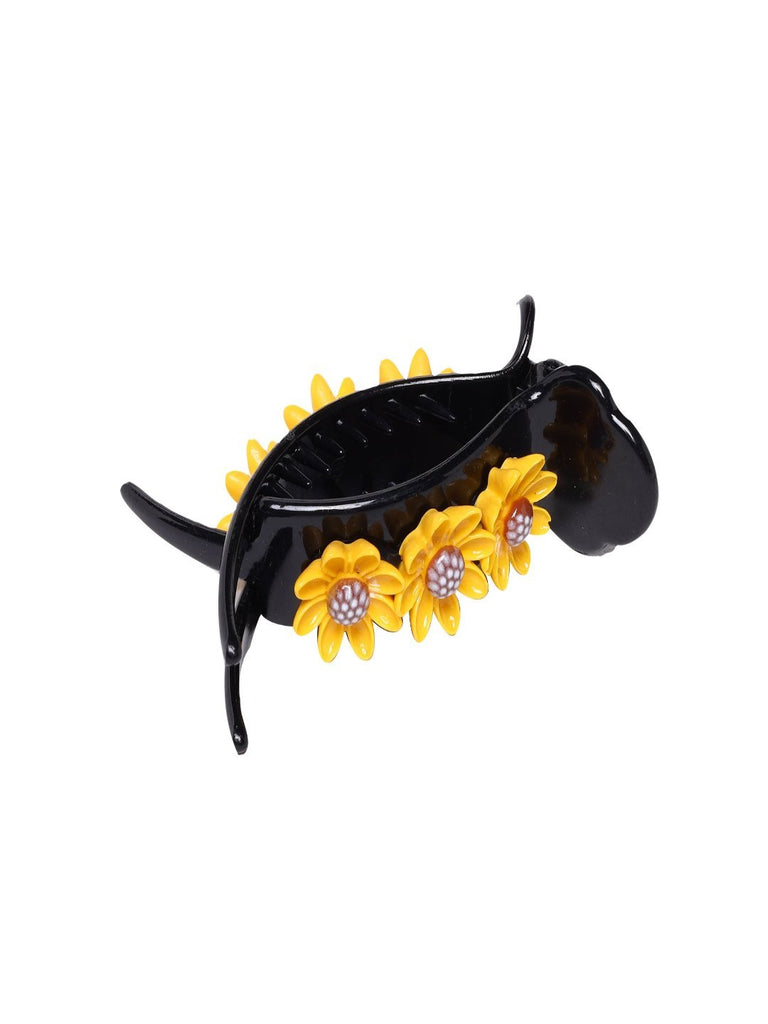 Full view of Black Hair Claw Clip with Bright Sunflower Embellishments.