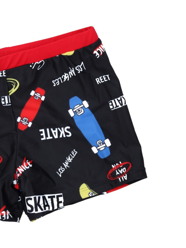 Black Skateboard-Themed Swim Shorts with Bold Red Accent-close up view