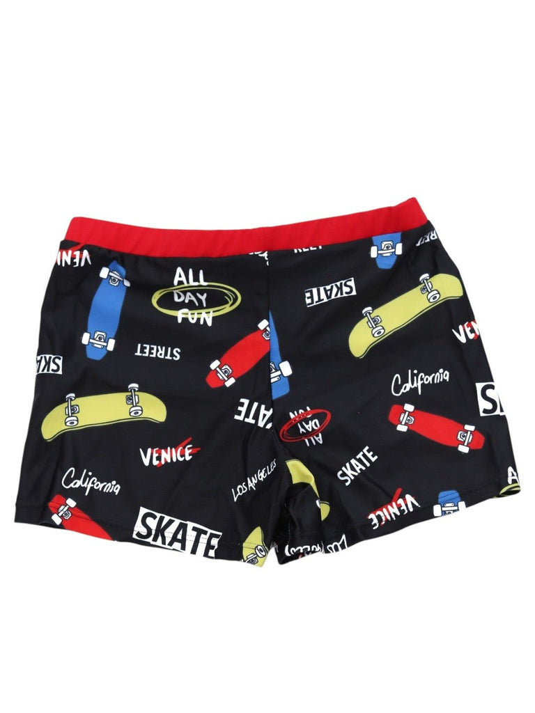 Black Skateboard-Themed Swim Shorts with Bold Red Accent-front view