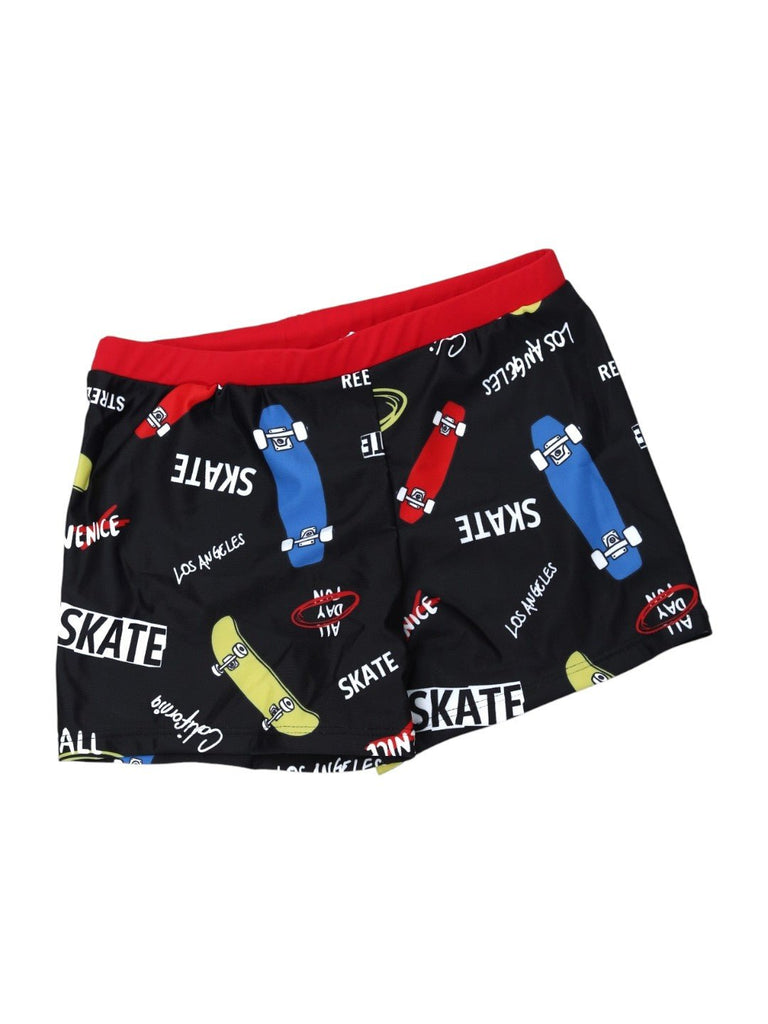 Black Skateboard-Themed Swim Shorts with Bold Red Accent-side view