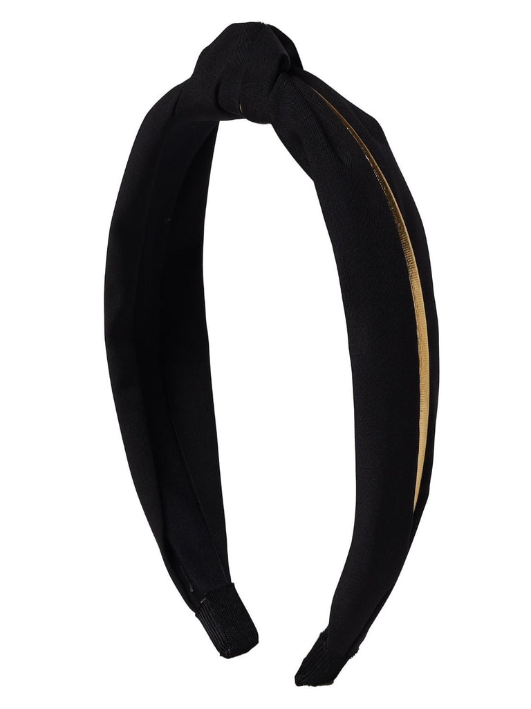 Angle view of Yellow Bee Black Top Knotted Hair Band with dual fabric wrap.