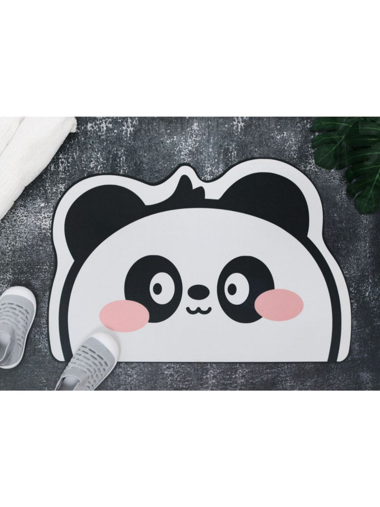 Charming front view of the Yellow Bee Panda Face Door Mat in a welcoming home setting