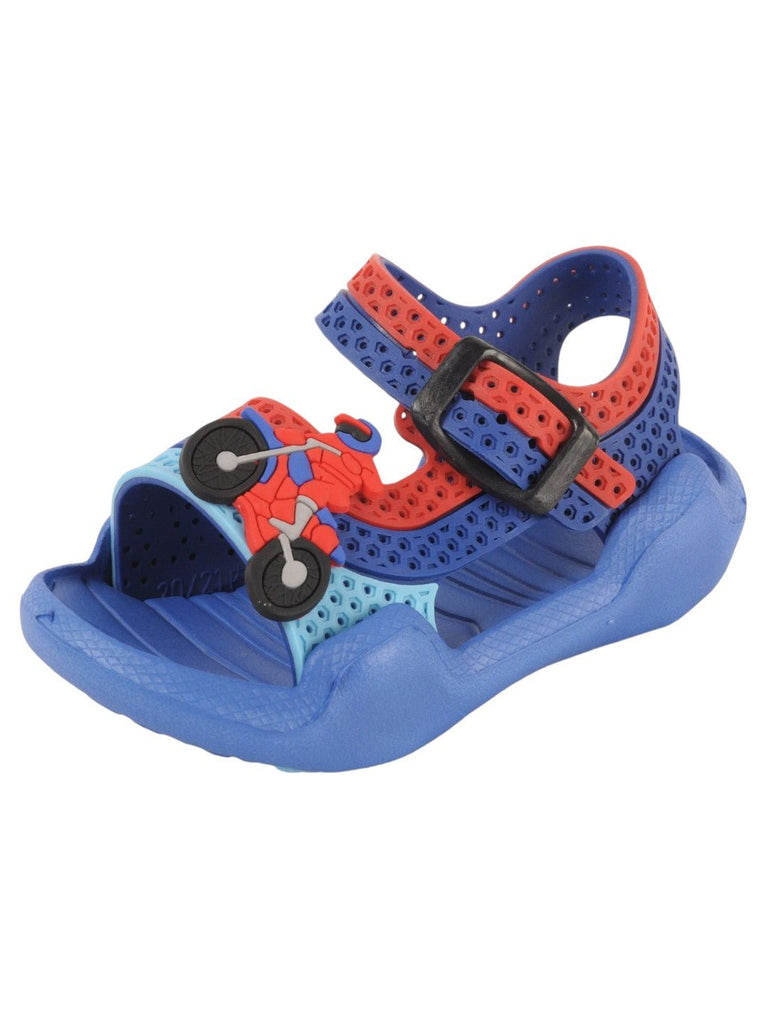 Blue and Red Motor cycle Adjustable Strap Sandals For Boys Angle View.