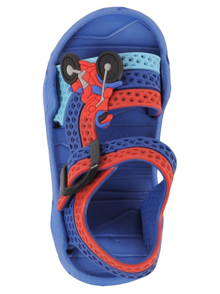 Blue and Red Motor cycle Adjustable Strap Sandals For Boys Top View.