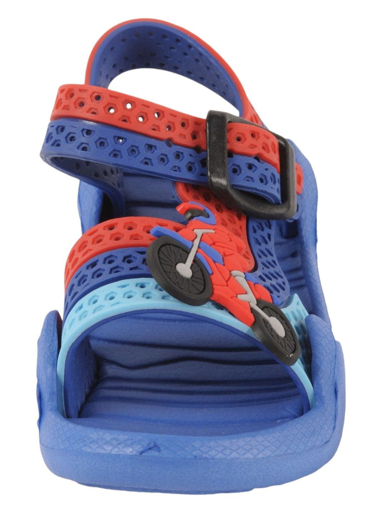 Blue and Red Motor cycle Adjustable Strap Sandals For Boys Bottom View.